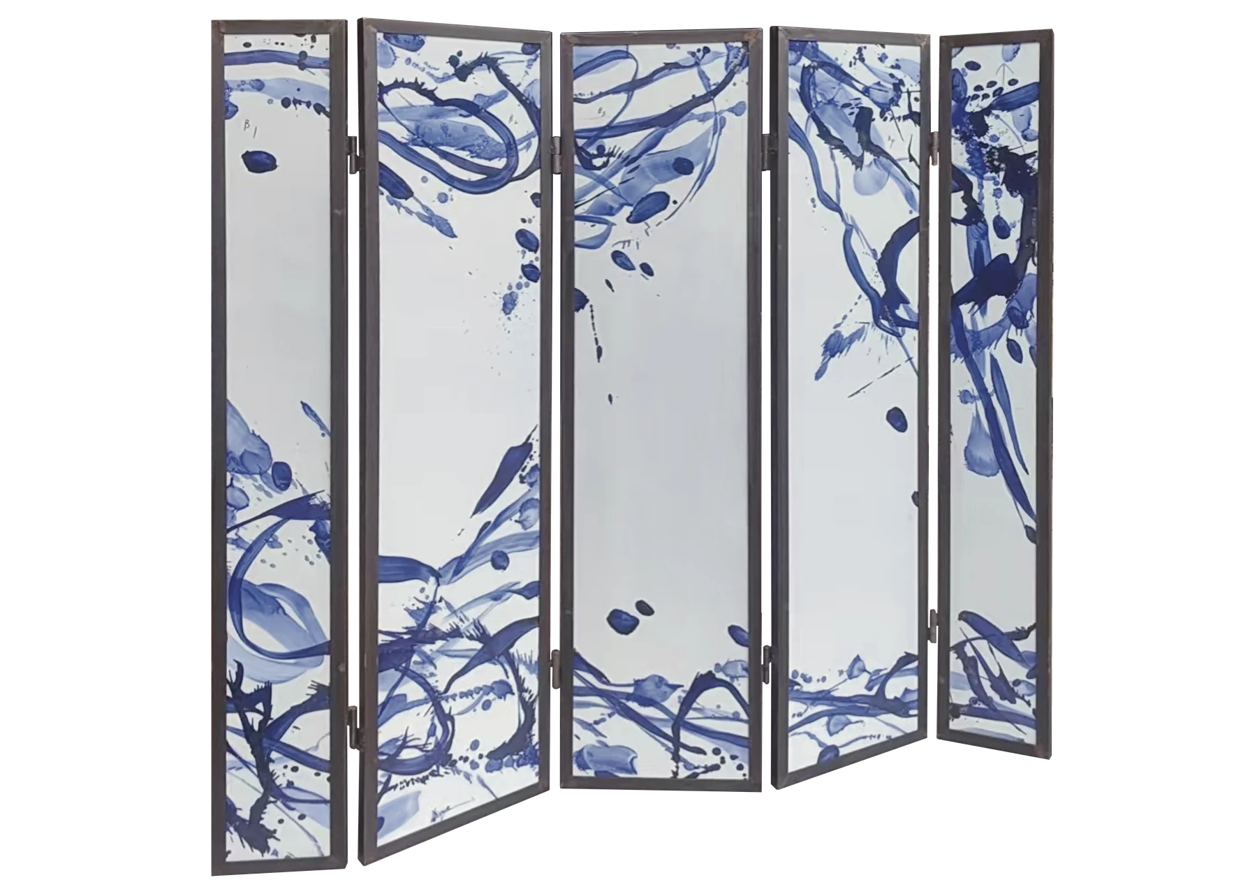 Blue-and-white gestural five-panel porcelain screen