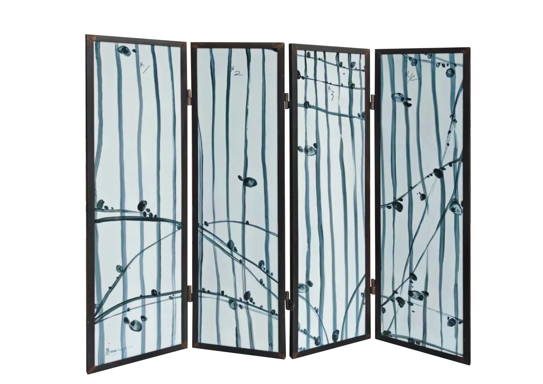 Blue-grey linear four-panel porcelain screen