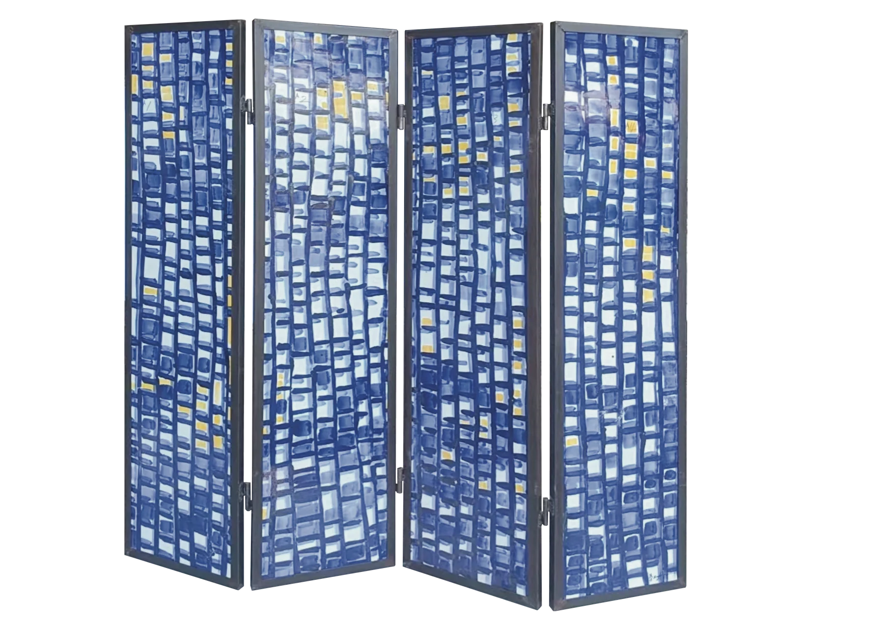 Blue, white, and yellow four-panel porcelain screen