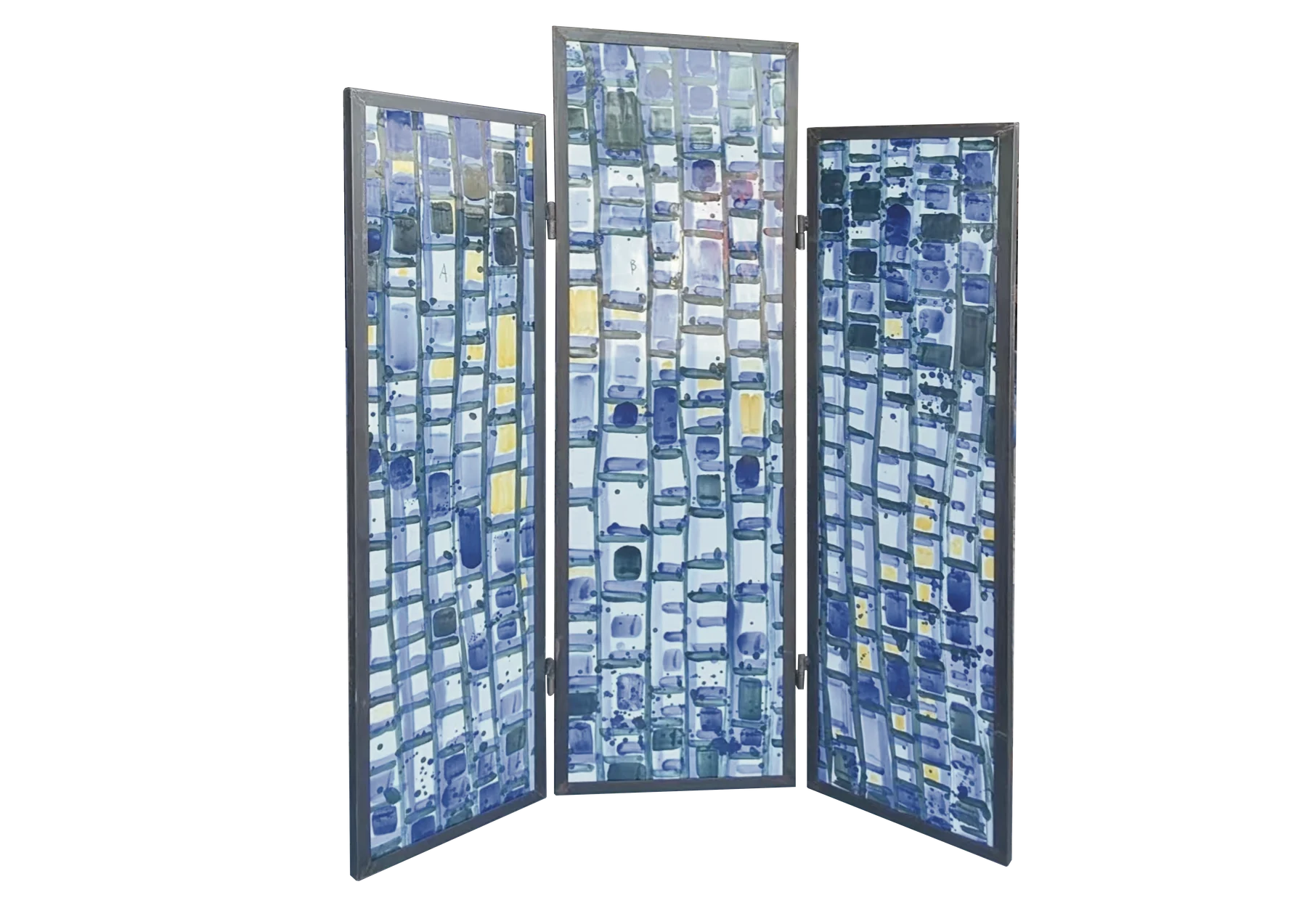 Grey-blue grid porcelain screen with three staggered-height panels